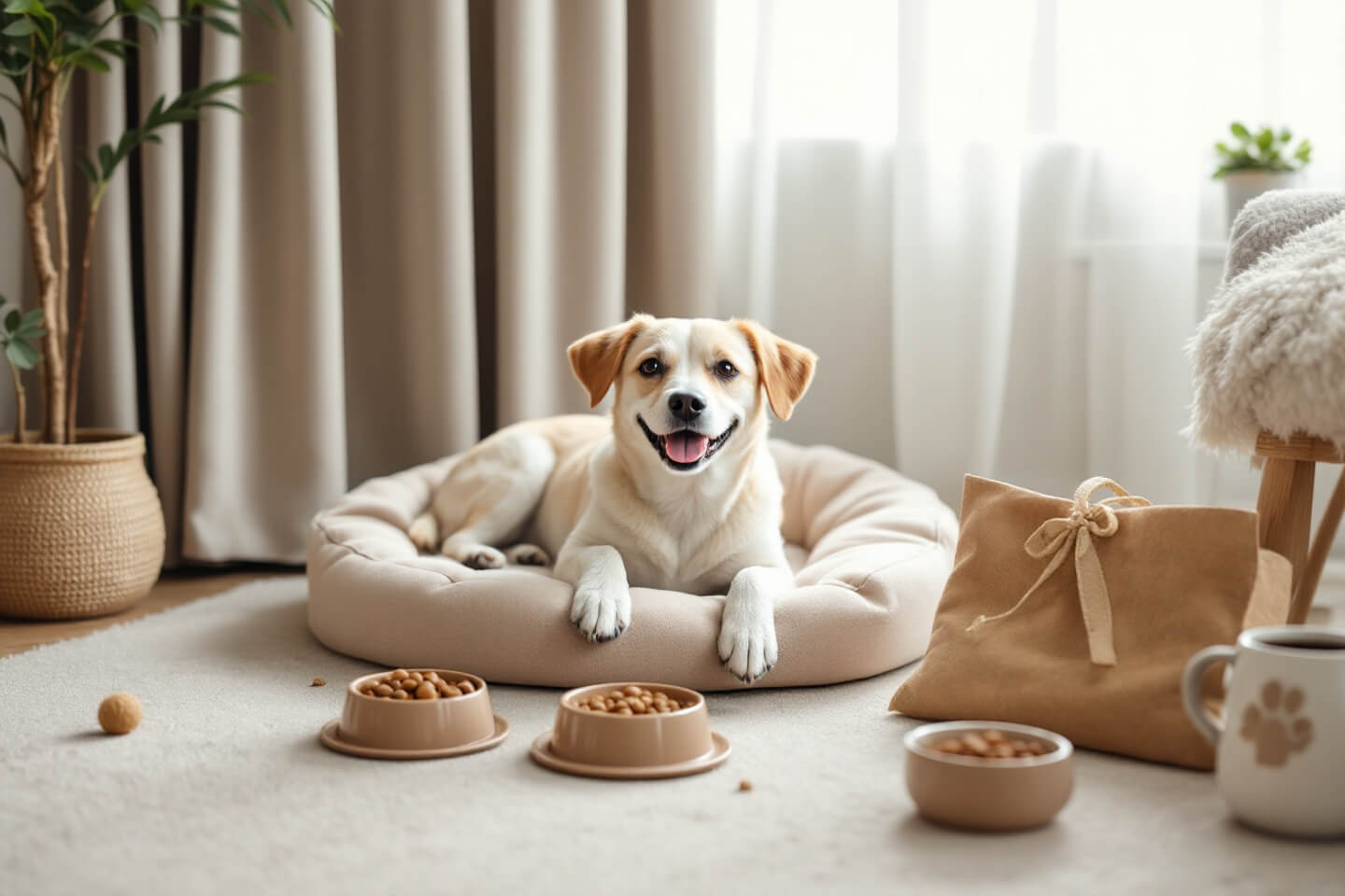 home prepared for new rescue dog arrival, dog bed, toys, food bowls arranged neatly