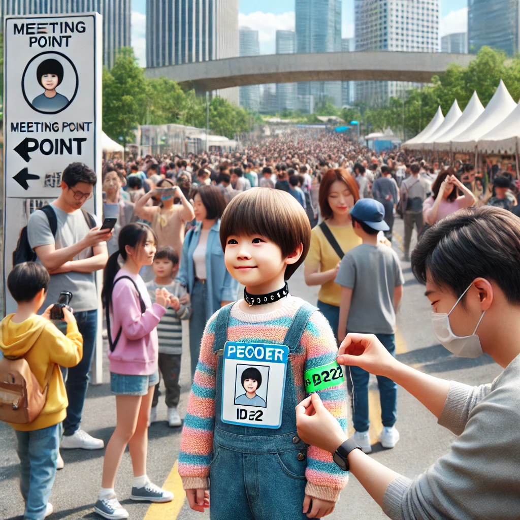 행사장에서 아동에게 미아 방지 팔찌를 채우고 있는 부모와 만남 장소 표지판 