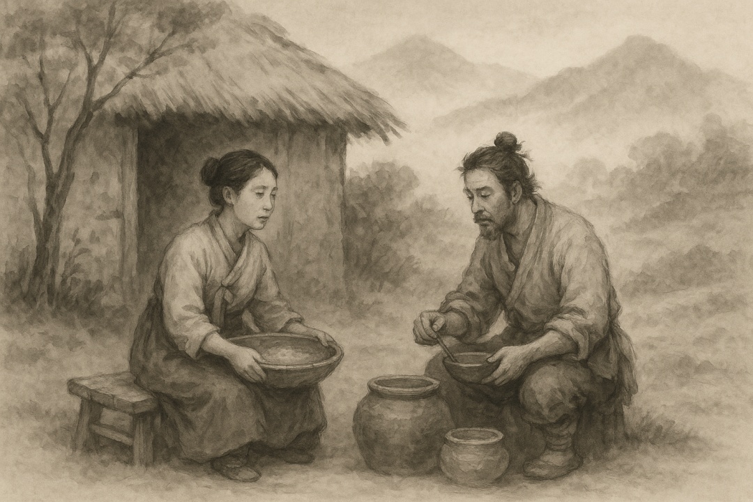 지게미와 쌀겨를 나누는 조강지처의 모습을 담은 동양화