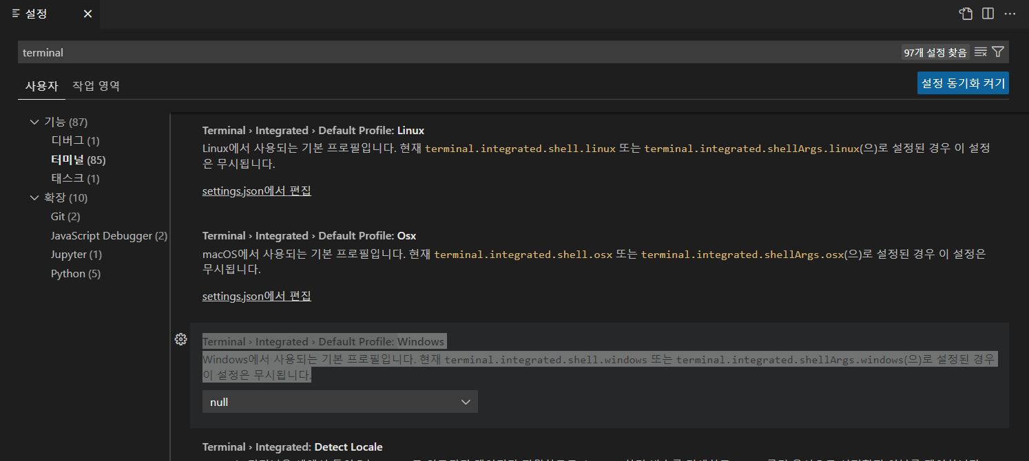 Terminal › Integrated › Default Profile