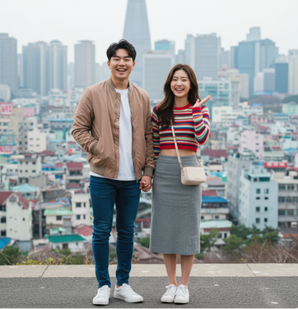 환하게 웃고 있는 한국인 남성과 여성