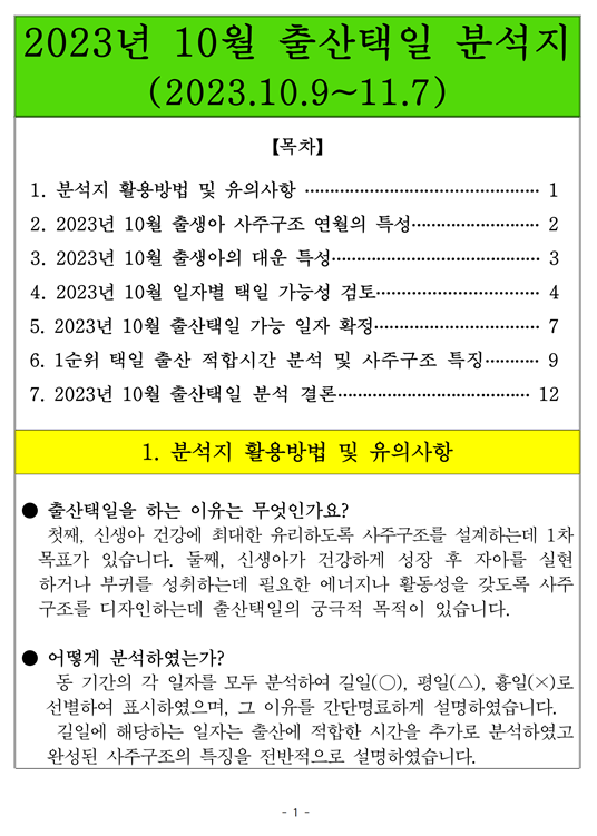  2023년 10월 출산택일/제왕절개수술 신생아 특징 분석 - 일조사주작명원
