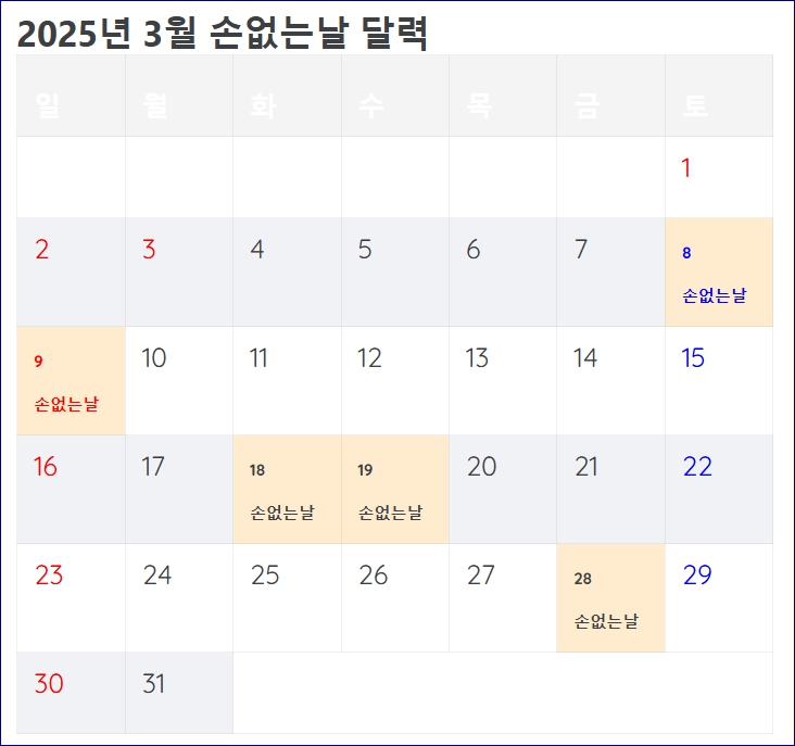 손없는날 달력 이사 결혼 개업 2025년