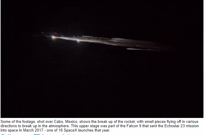  스페이스X 팰컨 9 로켓, 발사 5년 만 대기권 분해 놀라운 장면 포착 VIDEO: Spectacular footage shows a SpaceX rocket breaking up in Earth’s atmosphere over Mexico..