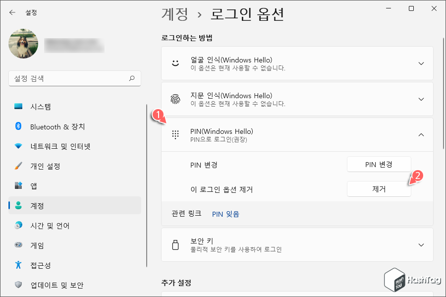 PIN 로그인 옵션 제거
