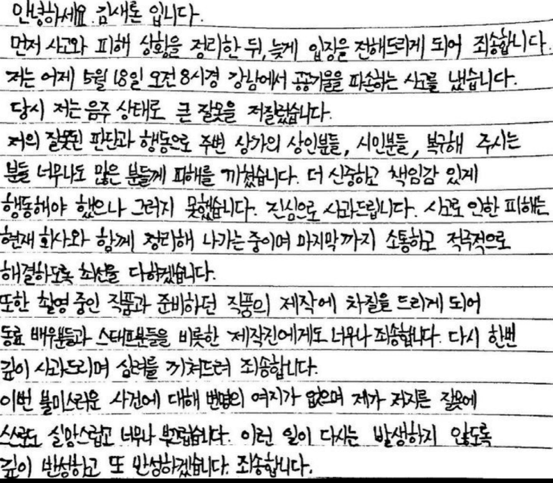 김새론 음주운전 후 인스타그램 사과문(출처: 김새론 Insta)