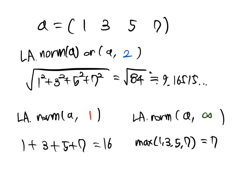  [Numpy] 벡터 norm 구하기, 벡터 정규화 함수 : np.linalg.norm(), LA.norm() 사용법