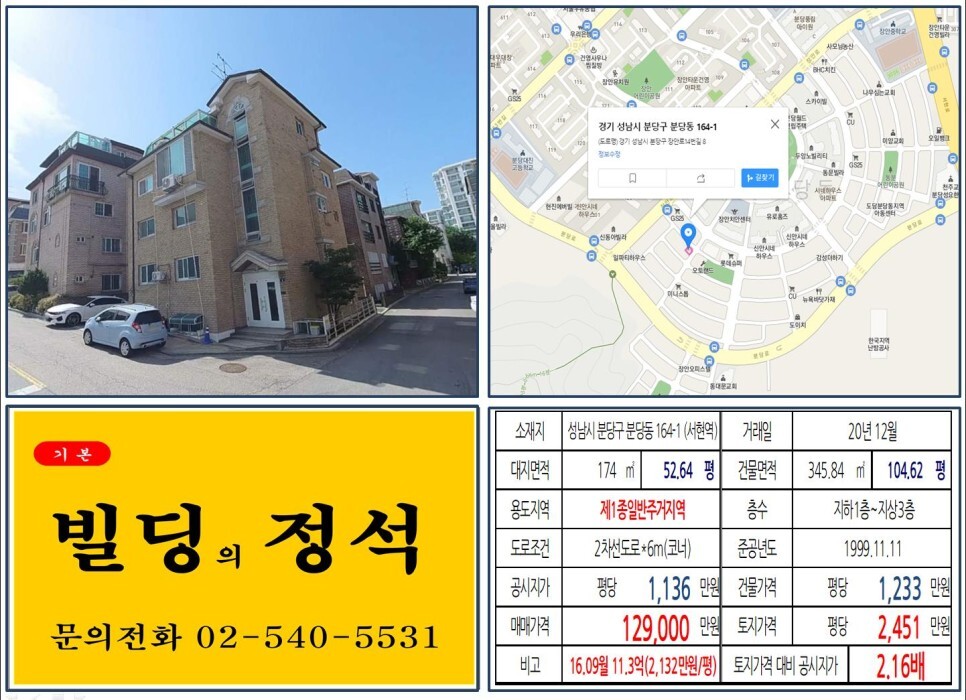  [성남시 분당구 10억 꼬마빌딩 실거래가 조회] 분당동 164-1 (서현역) 12억 9,000만 원, 평당 2,451만 원 매매되었습니다.