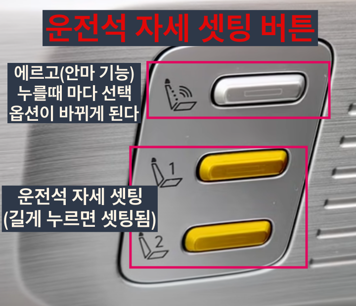 운전석 자세 세팅 버튼이 보인다