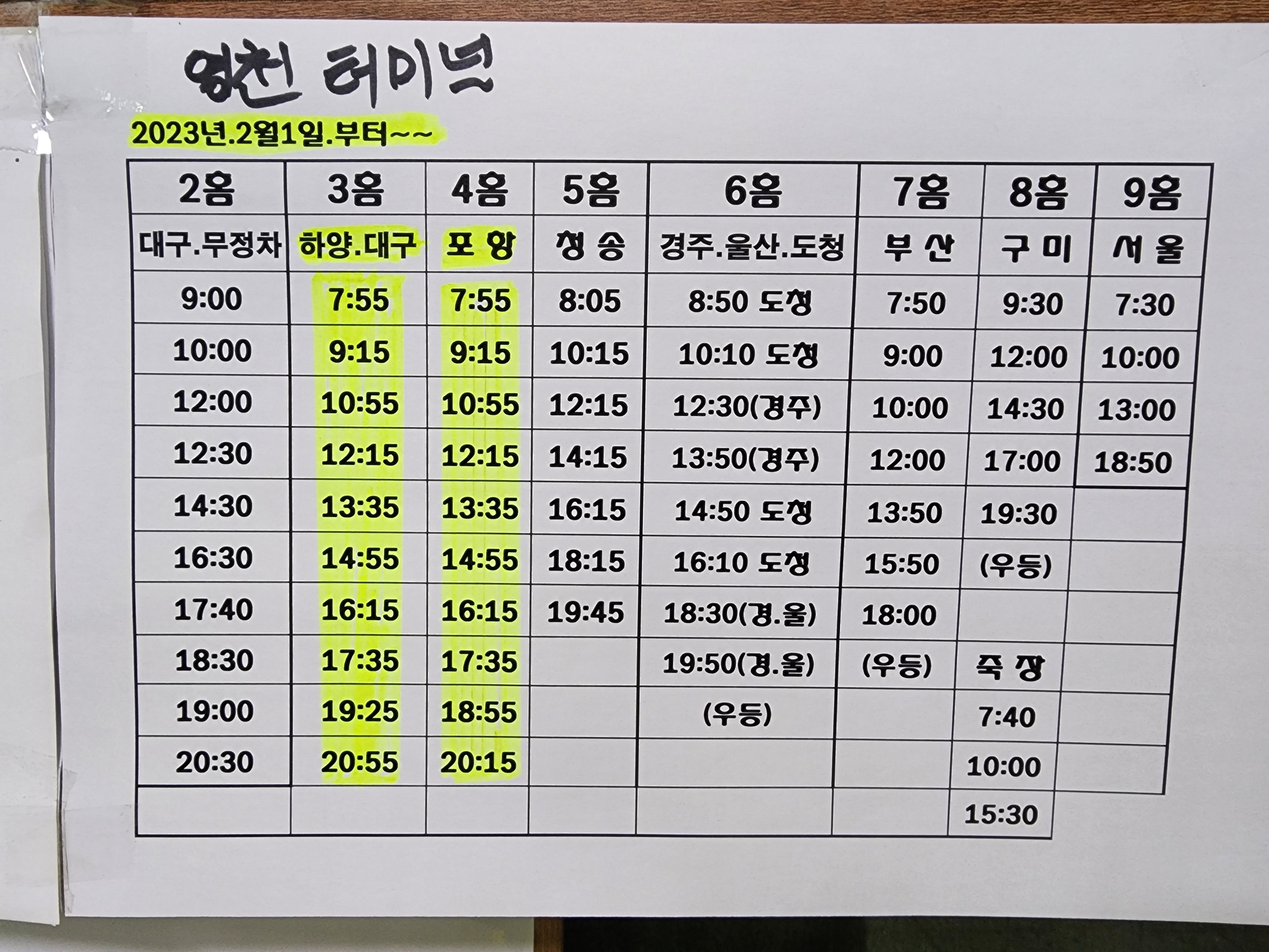 영천시외버스정류장 시간표 1