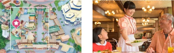 지도에 별표로 위치가 나와있는 그림과 식당 직원이 음식을 손님에게 내어놓으며 미소짓는 사진