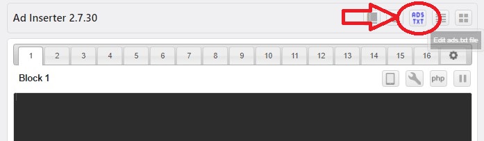 Ad Inserter 버전명 뒤의 [ADS TXT] 를 클릭한 다음&#44; 아래 ads.txt file 입력