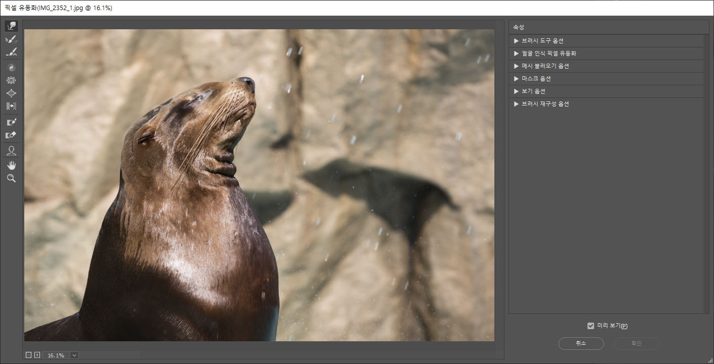 픽셀 유동화 필터의 대화 상자 모습