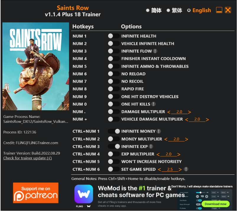  [트레이너] 한글판 세인츠 로우 2022 (리부트) v1.1.4 Plus 18 최신 영문판 최신 트레이너 Saints Row v1.1.4 Plus 18 Trainer