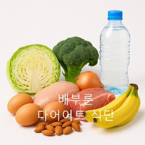 A clean arrangement of healthy foods for a full and satisfying diet, including cabbage, broccoli, eggs, almonds, chicken, pork, bananas, and water.-양배추, 브로콜리, 달걀, 닭가슴살, 돼지고기, 바나나, 아몬드, 생수 등으로 구성된 배부른 다이어트 식단 이미지
