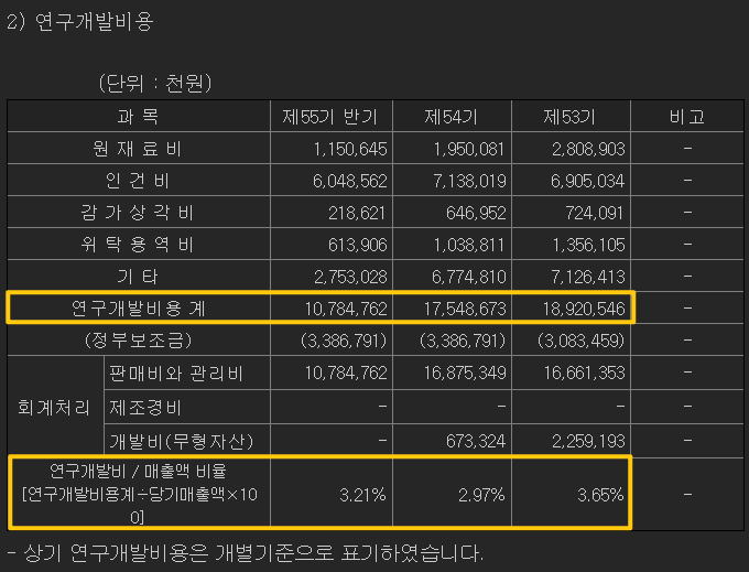 연구개발비용 상세내역을 보여주고 있습니다.