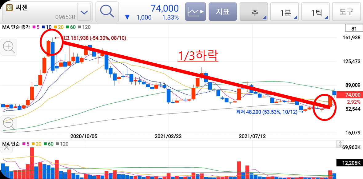 오미크론 관련주 씨젠의 차트