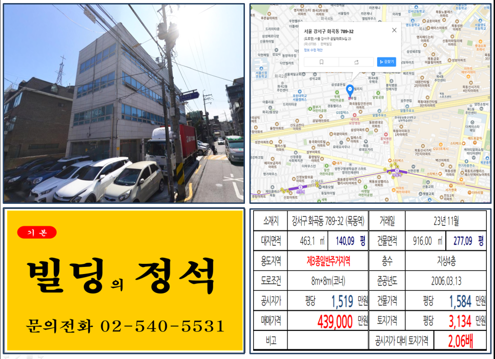  [강서구 국회대로 공원화, 목동재건축 호재 40억 꼬마빌딩 실거래가 조회] 화곡동 789-32 (목동역) 43.9억 원, 평당 3,134만 원 매매되었습니다.