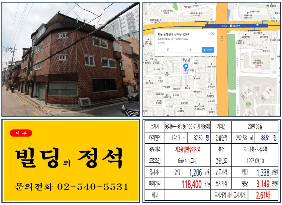  [동대문구 용두동 재개발 호재 4층 10억 꼬마빌딩 실거래가 조회] 용두동 105-7 (제기동역) 11억 8,400만 원, 평당 3,149만 원 매매되었습니다.