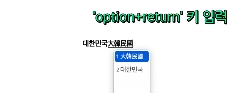 한자로 변환할 단어 뒤 커서를 두고 'option+return' 동시 입력