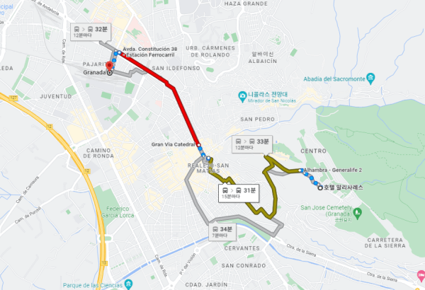 알리사레스 호텔에서 그라나다 렌페 역까지 이동하는 경로가 표시된 구글 지도