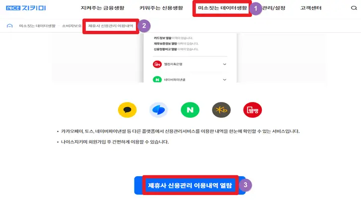 나이스-지키미-홈페이지-제휴사-신용관리-이용내역-메뉴