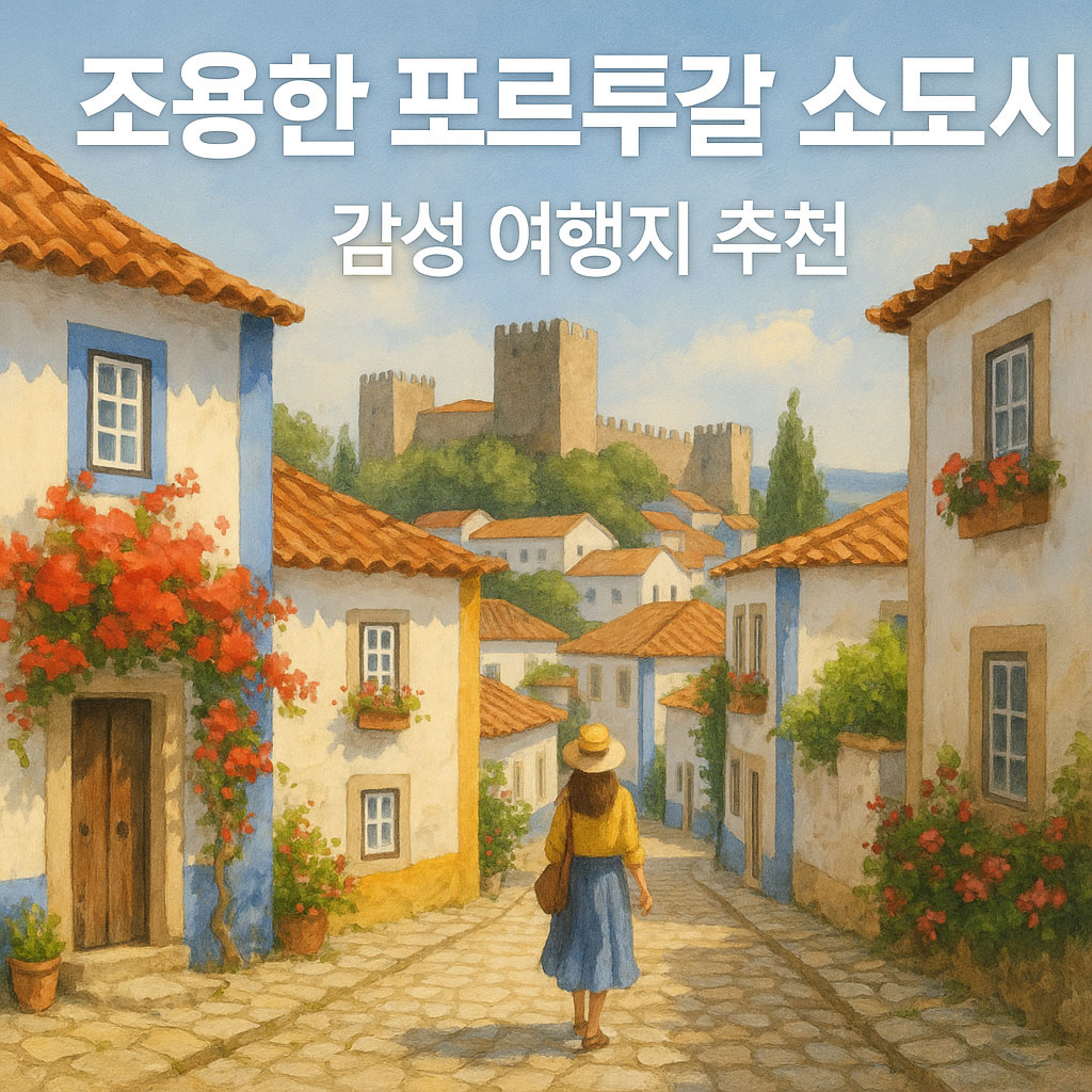 포르투갈의 감성 소도시 여행지를 소개하는 감성 일러스트 이미지. 고요한 골목길과 전통 가옥이 어우러진 중세풍 마을 풍경이 표현되어 있음.