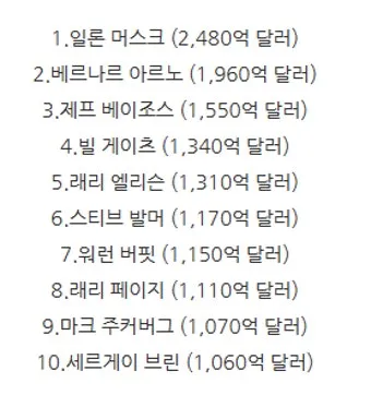 2025년 전세계 부자 순위 TOP 10 및 한국 기업인들의 위치_10