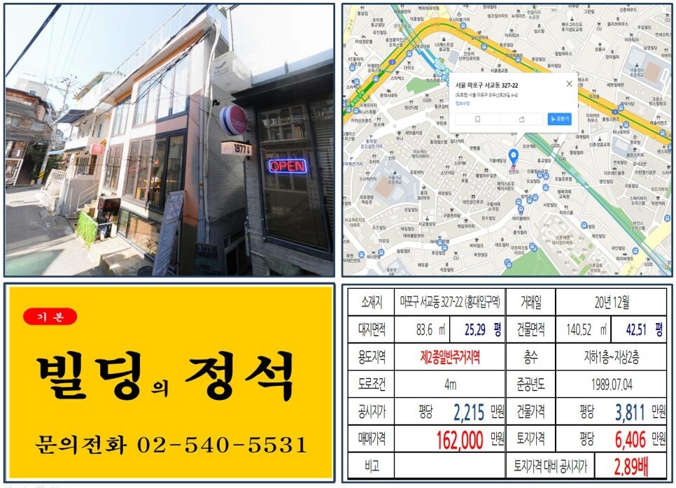  [마포구 경의선책거리 10억 꼬마빌딩 실거래가 조회] 서교동 327-22 (홍대입구역) 16억 2,000만 원, 평당 6,406만 원 매매되었습