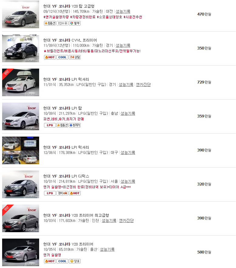 YF 쏘나타 중고차 가격