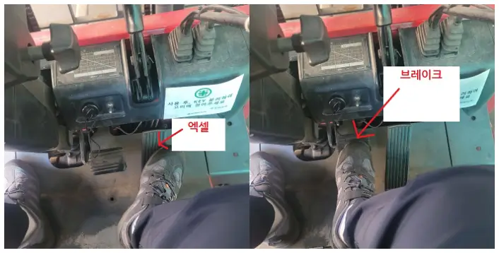 지게차 운전석 아래쪽에 발을 사용하여 조작하는 가속 및 브레이크 패달 사진입니다.