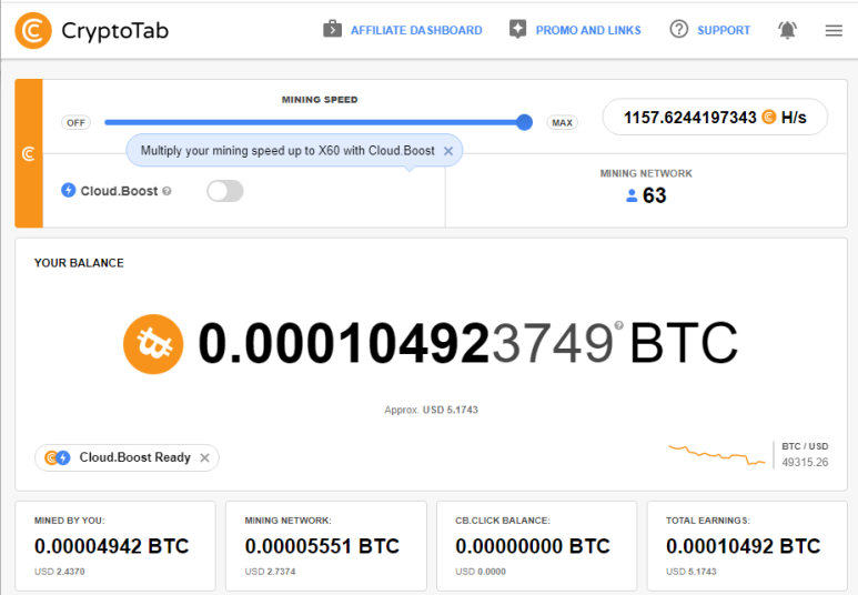  크립토탭(CryptoTab)을 통한 비트코인 채굴 현황 및 채굴 네트워크 63명 (2021.12.09)