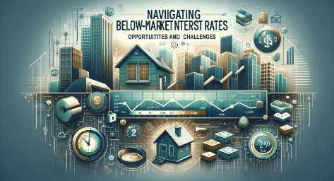 Here is the horizontal thumbnail designed to align with the theme of the article on &quot;Navigating Below-Market Interest Rates: Opportunities and Challenges.&quot; The image incorporates elements of finance and investment to visually represent the topic.