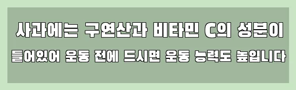  사과에는 구연산과 비타민 C의 성분이 들어있어 운동 전에 드시면 운동 능력도 높입니다