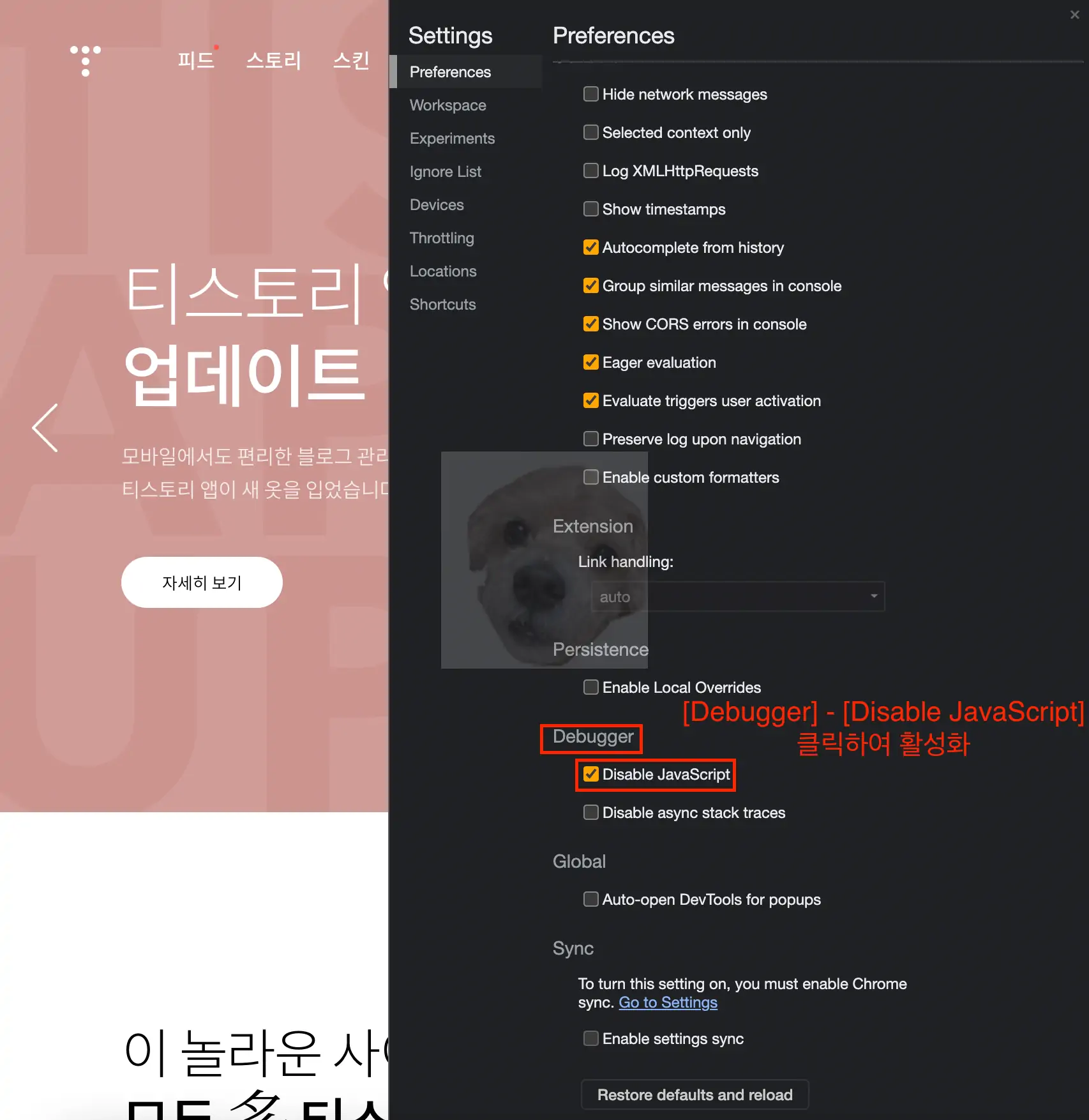 개발자 도구 Disable JavaScript 클릭 사진