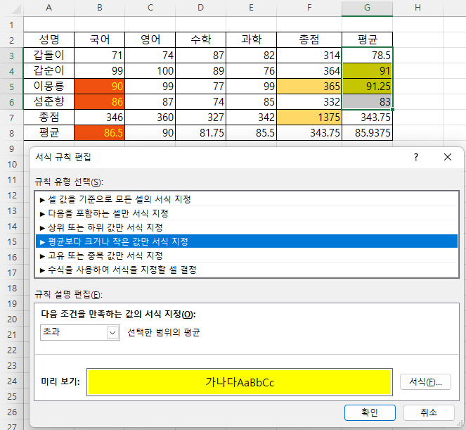 평균 초과인 것만 서식 지정 - 배경색 지정