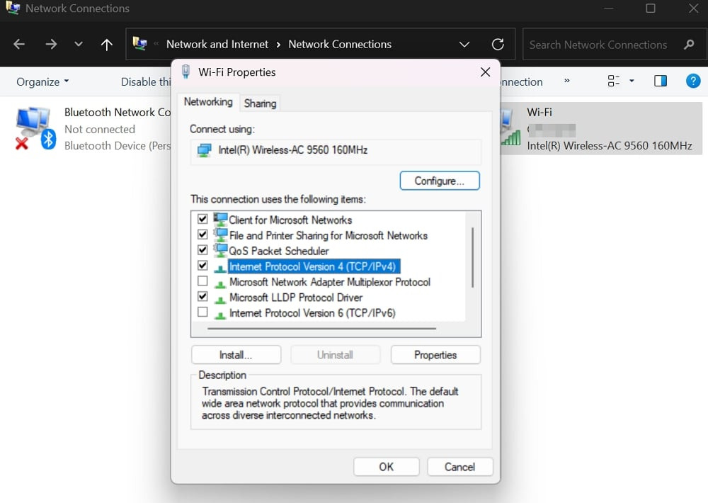 Wi-Fi 속성 창에서 인터넷 프로토콜 버전 4(TCP/IPv4)를 선택하고 속성