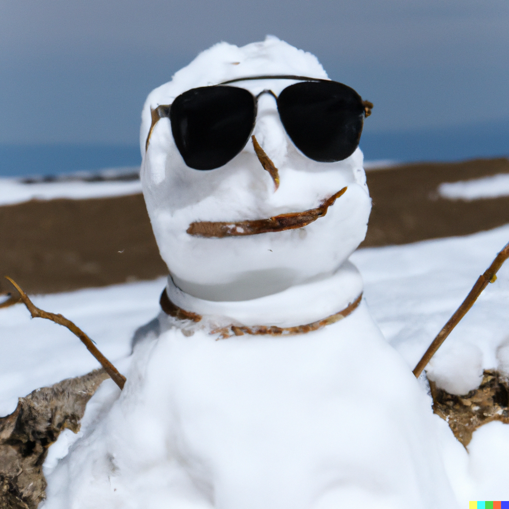 melting snowman wearing sunglasses