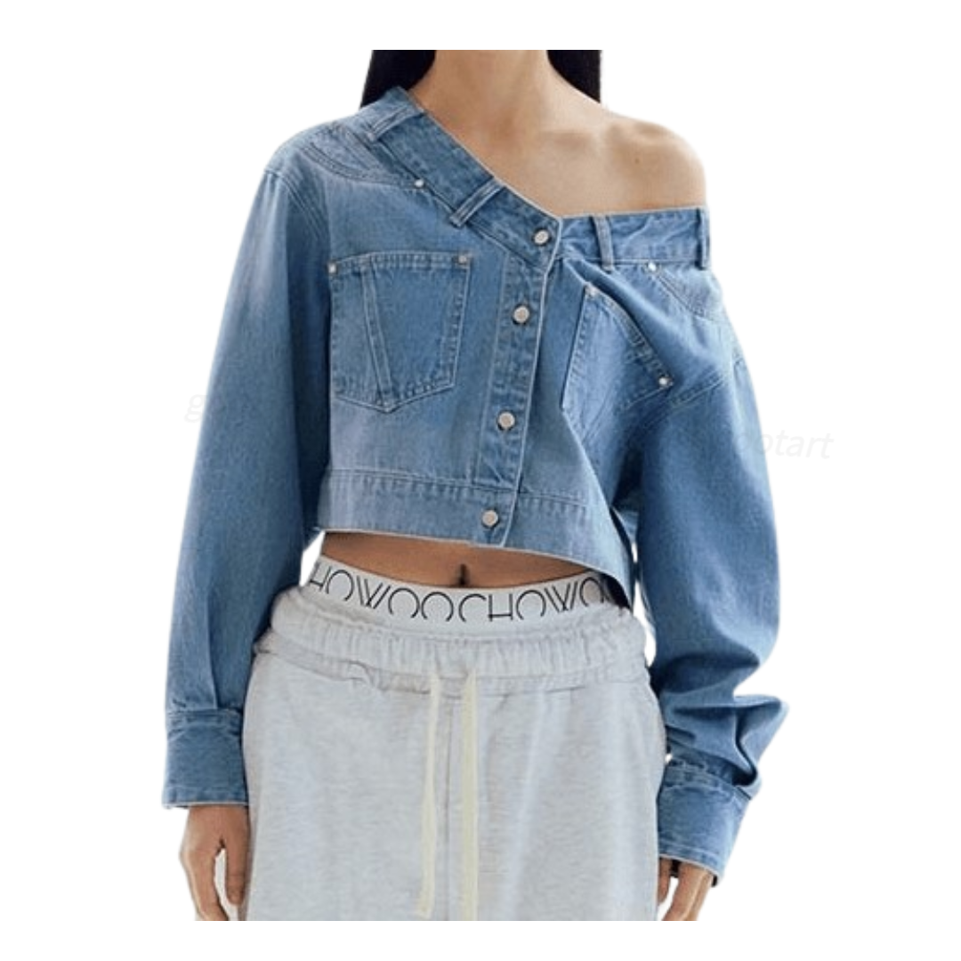 CHOWOO V-Neck Belted Crop Denim Shirts