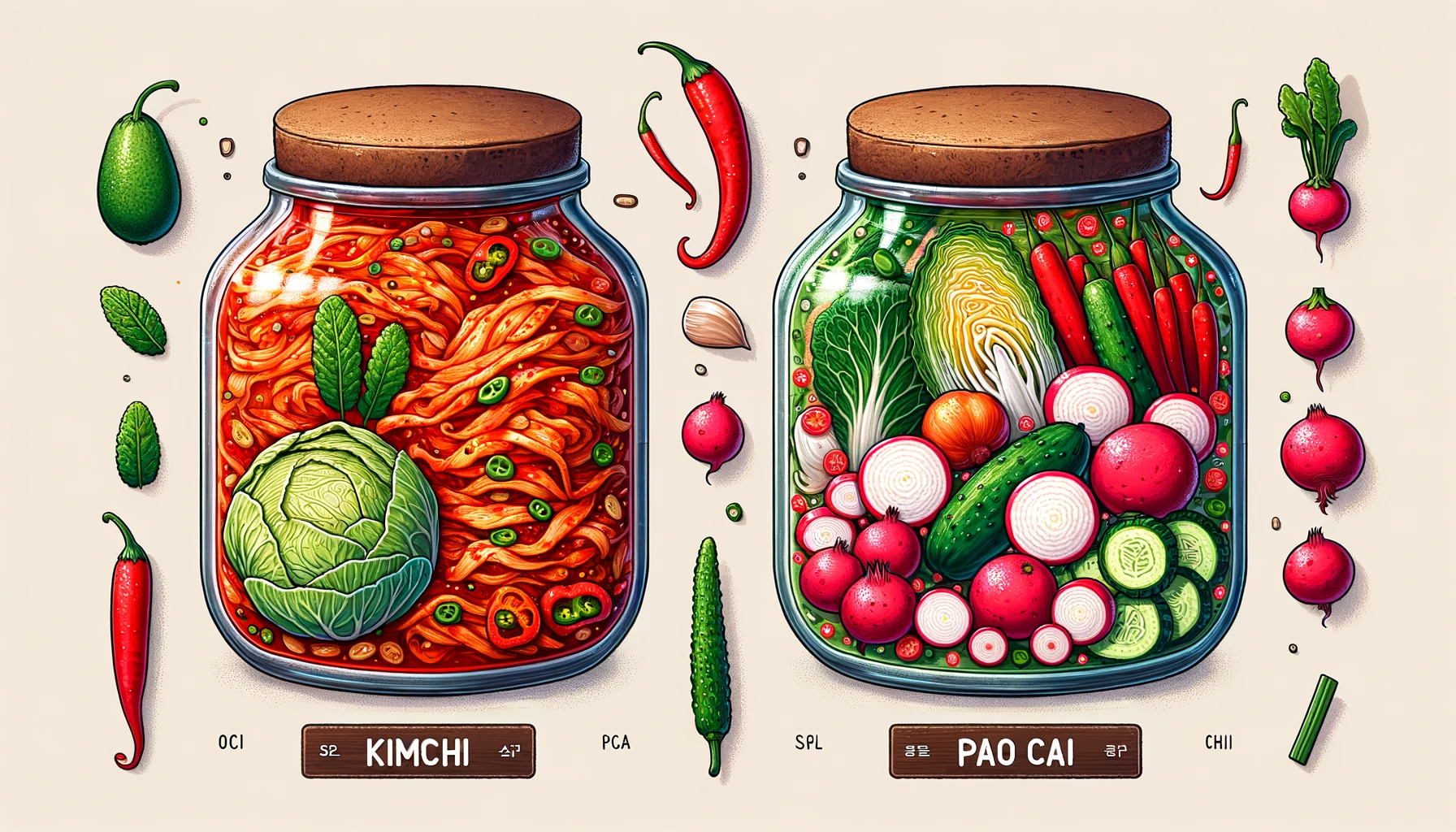 한국의 김치와 중국의 파오차이를 비교하는 그림