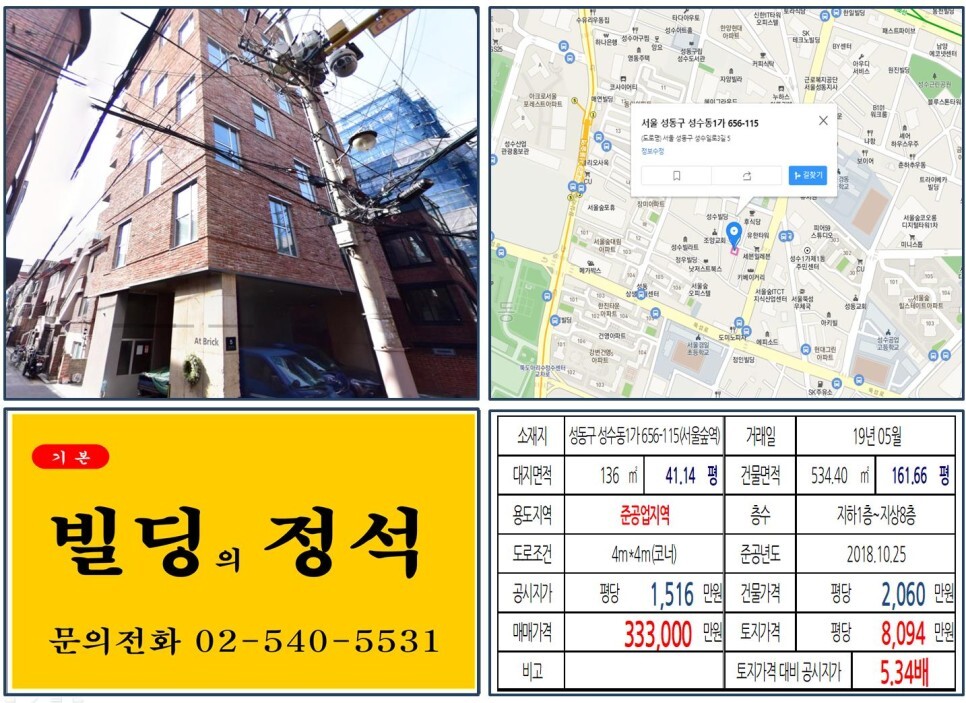  [성동구 30억 신축 꼬마빌딩 실거래가 조회] 성수동1가 656-115 (서울숲역) 33억 3,000만 원, 평당 8,094만 원 매매되었습니다