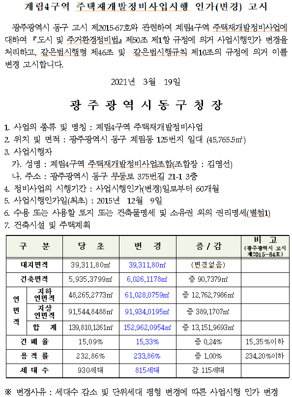  계림4구역 재개발 사업시행인가 변경 고시(21.3.19)