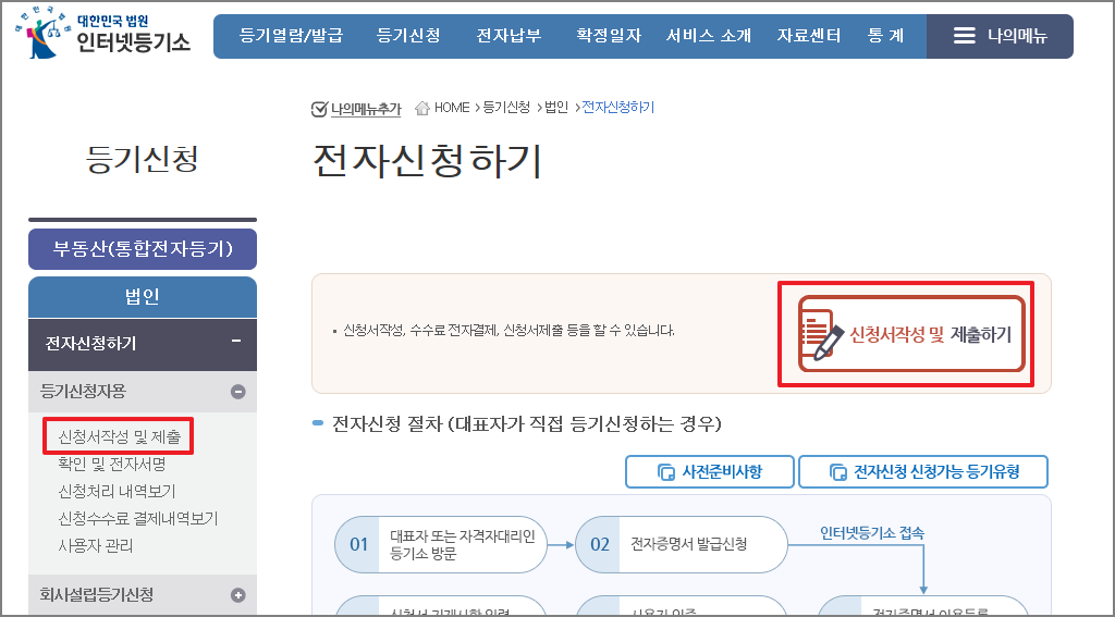 인터넷 등기소 전자신청하기(신청서 작성)