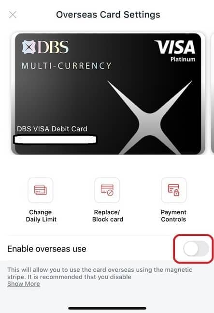 DBS 앱 - 카드 해외사용 활성화