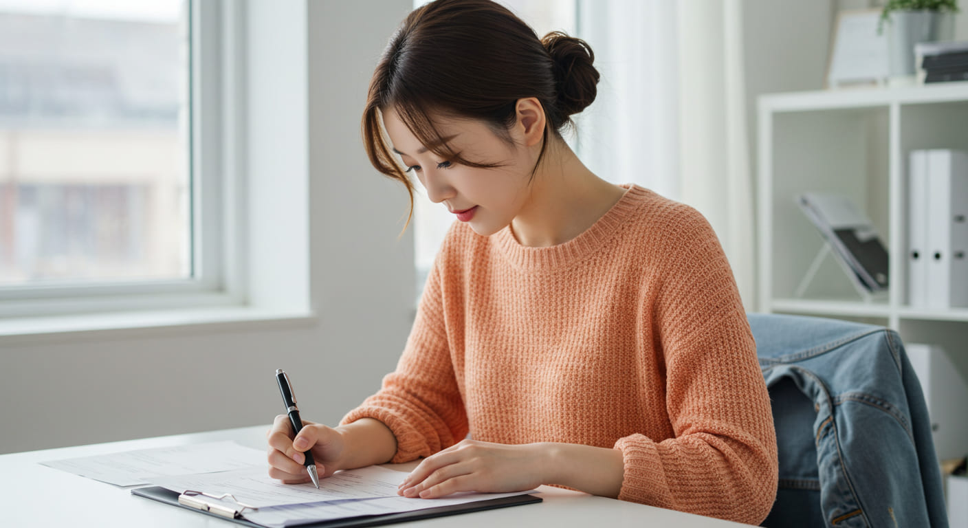 여성이 거실에서 행정 서류 체크중