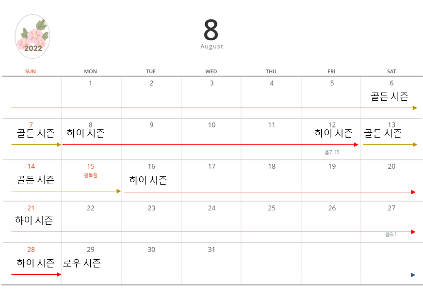 소노벨 경주 오션플레이 8월 시즌 적용 달력