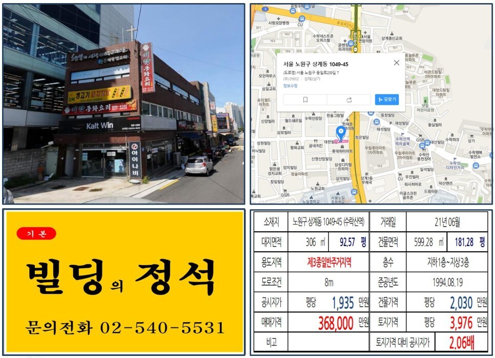  [노원구 7호선 역세권 30억 올근생 꼬마빌딩 실거래가 조회] 상계동 1049-45 (수락산역) 36억 8,000만 원, 평당 3,976만 원 매매되었습니다.