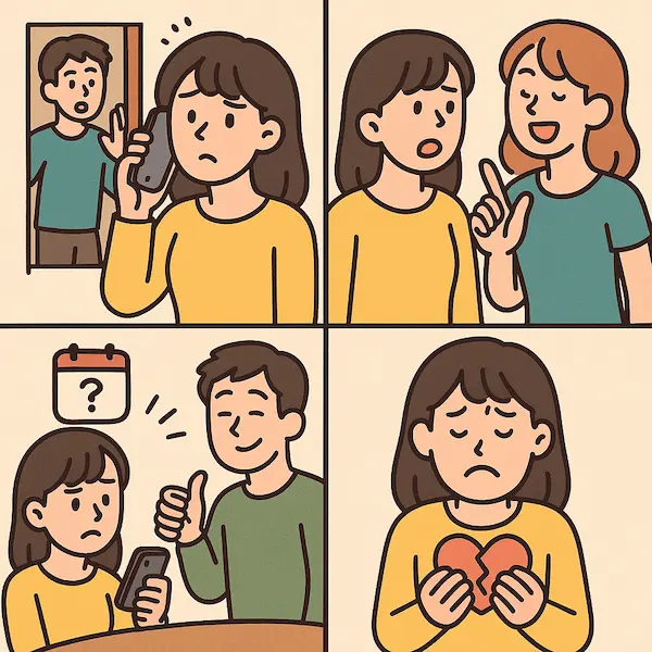 연락을 하며 상처받는 여자 이미지