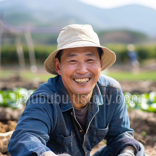 밭에서 일하고 있는 농부의 환한 미소