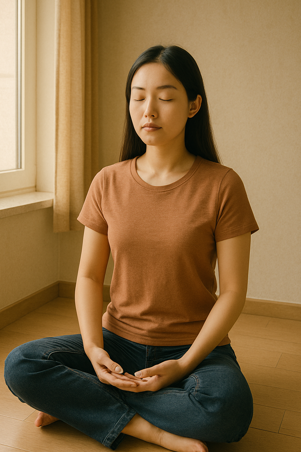 조용한 방에서 가부좌를 틀고 눈을 감고 앉은 여성 이미지